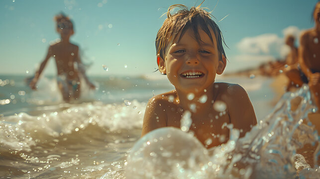 A Group Of Diverse Children Joyfully Playing In A Shallow Body Of Water. Some Are Splashing, Others Are Building Sandcastles, And A Few Are Wading Through The Water On A Sunny Day. Family Day Concept