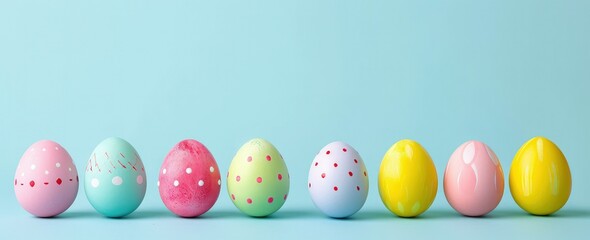 A group of multicolored easter eggs on a wooden table.