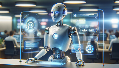 Advanced humanoid robot providing customer service in a high-tech environment with holographic interfaces.