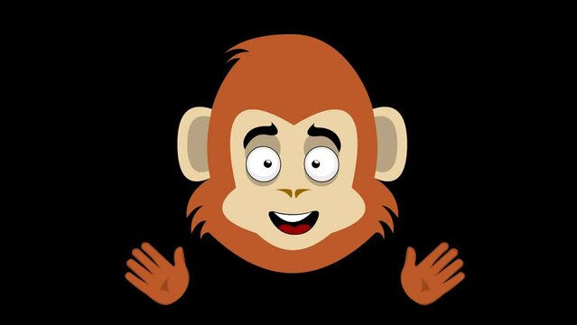 video animation face monkey, chimpanzee or gorilla cartoon, with a cheerful expression and waving hands gesture. On a transparent background zero alpha channel