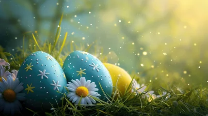 Rolgordijnen Easter Background with easter eggs and spring flowers on grass © Suwanlee
