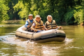 Three active elderly people are sailing along the river on a rubber boat rowing with oars