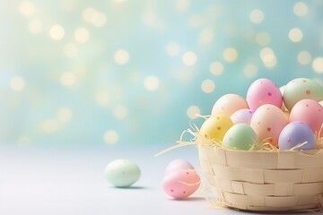 Easter banner with easter decorations, easter basket, pastel colors, Place for text.