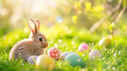 Easter bunny on sunny grass by colorful Easter eggs, in the style of blurred.