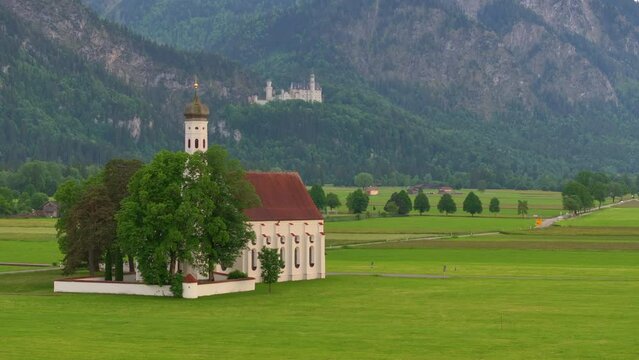 Drone wiew of the Saint Coloman church near the Neuschwanstein castle