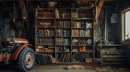 A bookcase bursting with financial acumen and advertising secrets oversees a tractors journey...