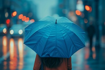 Blue Monday background. Most depressing day of the year. Feelings of depression, sadness, loneliness, melancholy. Lonely alone woman with big blue umbrella in city street