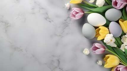Easter floral soft grey background, various eggs end egg shell and tulips.