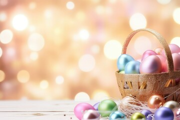 Fototapeta na wymiar Easter pastel pink background in a banner format with colorful Easter eggs and bokeh