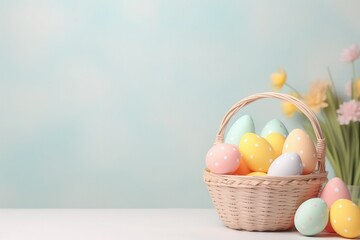 Fototapeta premium Easter pastel pink background in a banner format with colorful Easter eggs and bokeh