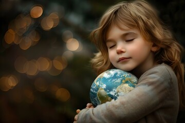 Naklejka premium A child embraces a miniature model of Earth symbolizing environmental care. Concept Photography, Child, Earth model, Nature, Environmental care