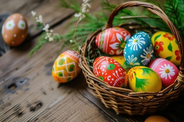 Fototapeta na wymiar Happy easter, Easter painted eggs in Iranian theme lay in the basket on wooden rustic table.
