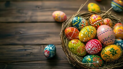 Happy easter, Easter painted eggs in Iranian theme lay in the basket on wooden rustic table. - obrazy, fototapety, plakaty