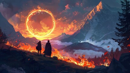 A traveler and programmer find rebirth within a ring of fire where magic and technology unite in unexpected synergy - obrazy, fototapety, plakaty