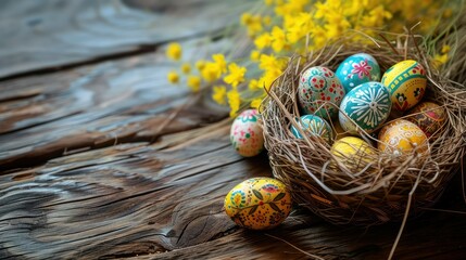 Happy easter, Easter painted eggs in Iranian theme lay in the basket on wooden rustic table.