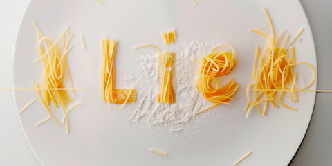 Text lie made  from 3 d letters shaped spaghetti on white background. Illustration concept of truth and lies. - obrazy, fototapety, plakaty