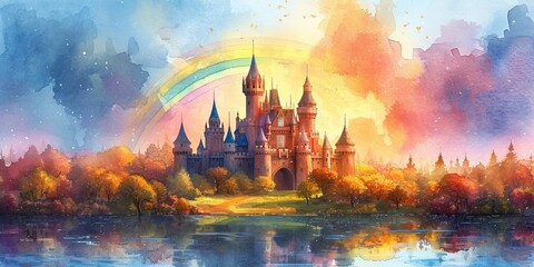 An ancient castle surrounded by a lush green park and a serene lake, embodying timeless charm.