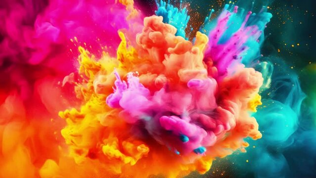 Explosion of bright colors with splashes and drops, colorful background, horizontal video