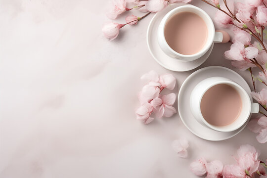 Background in pink colors with place for text. Table with cups and flowers, view from above. You can use this illustration for advertising, invitation, website and more.