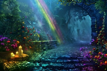 Obraz na płótnie Canvas A vivid mythical treasure awaits nestled at the rainbows enchanting terminus. Concept Fantasy, Mythology, Treasure Hunt, Rainbow, Enchantment
