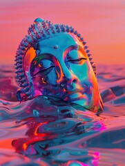 Against a minimal color field the melting face of Buddha an ancient god emerges in vivid neon colors bridging epochs