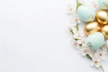 White and gold painted Easter eggs on white background with copy space and pink flowers decoration