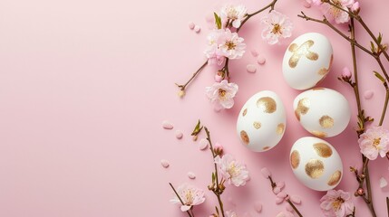White and gold painted Easter eggs on soft pink background with copy space and pink flowers decoration