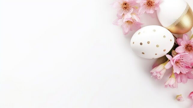 White and gold painted Easter eggs on soft blue background with copy space and pink flowers decoration