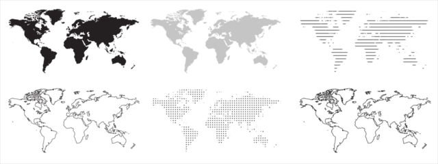 Papier Peint photo Carte du monde World Map variants. Black and grey world map on isolated background. Vector illustration.