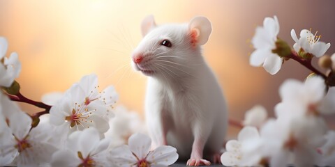 A white rat curiously exploring a delicate flower in a brightly lit studio. Concept Studio Photography, White Rat, Flower, Delicate, Curiosity
