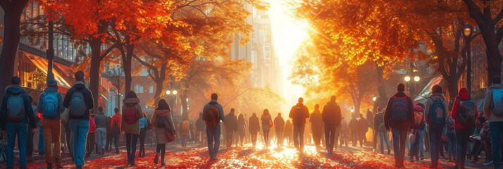 In the vibrant autumn city, people walk along sunlit streets, surrounded by colorful trees and a warm, seasonal atmosphere.
