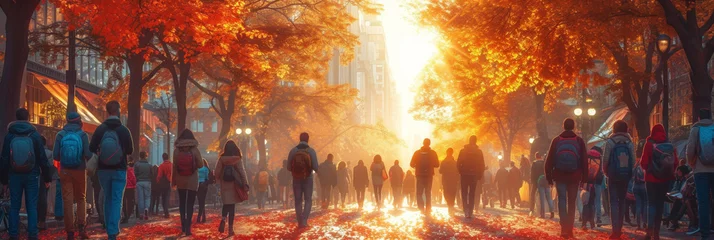 Fototapete Dunkelbraun In the vibrant autumn city, people walk along sunlit streets, surrounded by colorful trees and a warm, seasonal atmosphere.