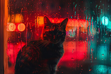 cat looking through rainy window neon lights,burning outside