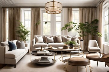 Design a sophisticated and timeless living room with a neutral color palette and classic furniture 
