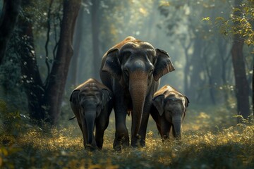 Elephant family in wild nature walking near the forest - obrazy, fototapety, plakaty