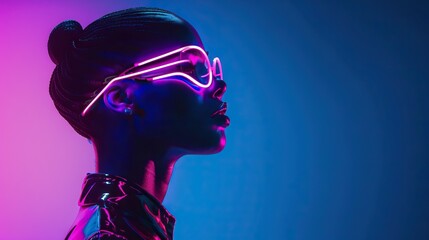 Fashion shoot banner in futuristic purple cyberpunk neon set against a blue background blending game and entertainment