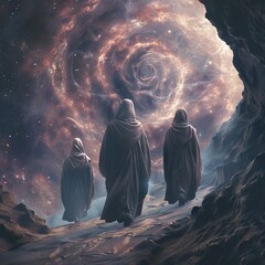 Fantasy nightmares blend with CNC marketing scary monks death interstellar journeys and quantum extraterrestrial insights - obrazy, fototapety, plakaty