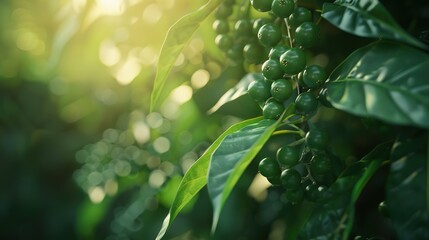 Black pepper - plant with green berries and leaves, farm at Binh Phuoc