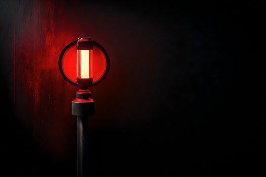 Red alert lamp or warning indicator against dark panel glowing. 