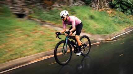 Cyclist in action: a dynamic shot of a professional rider who is close to the finish line