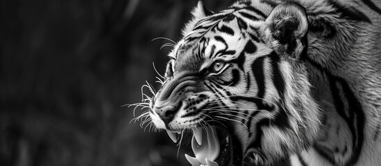 Monochrome style close-up of a growling tiger's head - obrazy, fototapety, plakaty