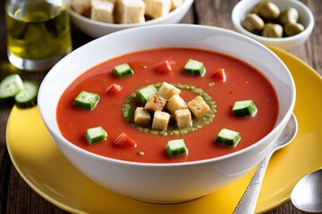Bowl of cold gazpacho soup with diced tomatoes, cucumbers, green peppers, topped with green olive oil and croutons.