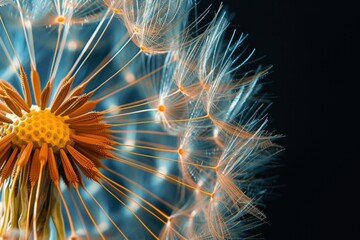 Detailed close-up showcasing lace-like patterns on dandelion seeds, ideal for interior design, print, and poster projects