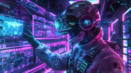 Fototapeten In the Metaverse 3D illustrations blend digital cyber worlds with NASA images highlighted by futuristic purple cyberpunk and trendy neon © BOMB8