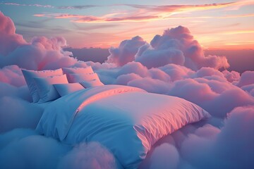 A dreamy bed surrounded by clouds, forming a perfect sanctuary. Concept Bedroom Decor, Cloud Theme, Dreamy Ambiance, Relaxing Retreat, Cozy Sancturary - obrazy, fototapety, plakaty