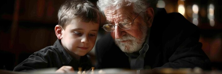 An old man and a young boy engrossed in a game of chess, strategizing their moves on a wooden board
