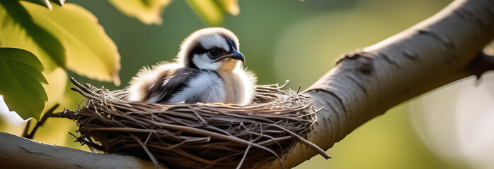 Banner a small fluffy chick in a nest on a tree branch. the concept of the International Bird Day. AI generation