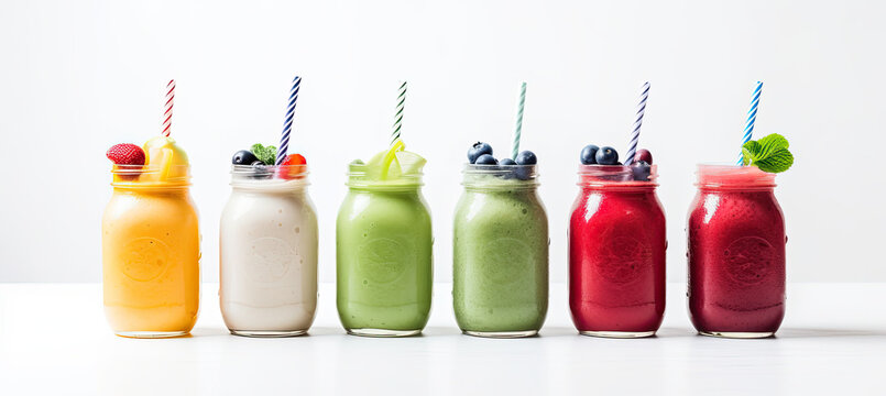 Row of healthy fresh fruit and vegetable smoothies with assorted ingredients served in glass bottles with straws isolated on white background	