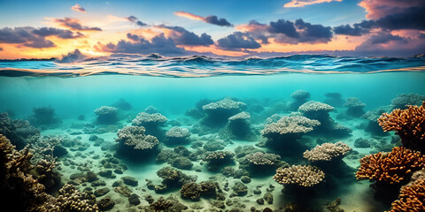 Fototapeta na wymiar A vivid sunset and vibrant underwater panorama unfolds. Generative AI