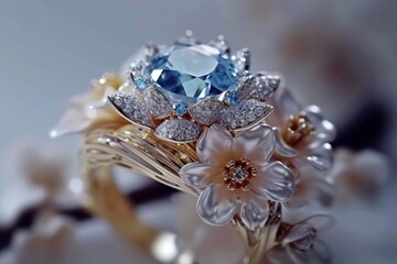 Fototapeta premium An engagement wedding ring with aquamarine-blue sapphires and diamonds. Creative inspiring floral concept for jewellery design. Defocused backdrop, copy space for text. AI generated design